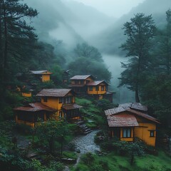 Obraz premium Idyllic Mountain Village Terraced Fields Covered Morning Mist Serenity Photo