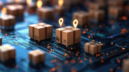 A digital representation of packages with location pins on a circuit board, symbolizing logistics and technology in modern shipping.