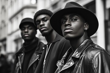 Obraz premium Fashionable trio poses confidently on the urban street in monochrome style showcasing individuality and modern trends