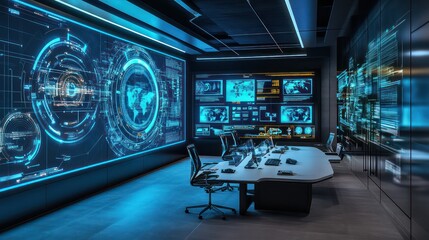 A high-tech think tank with dynamic wall panels, interactive brainstorming stations, and clean futuristic designs