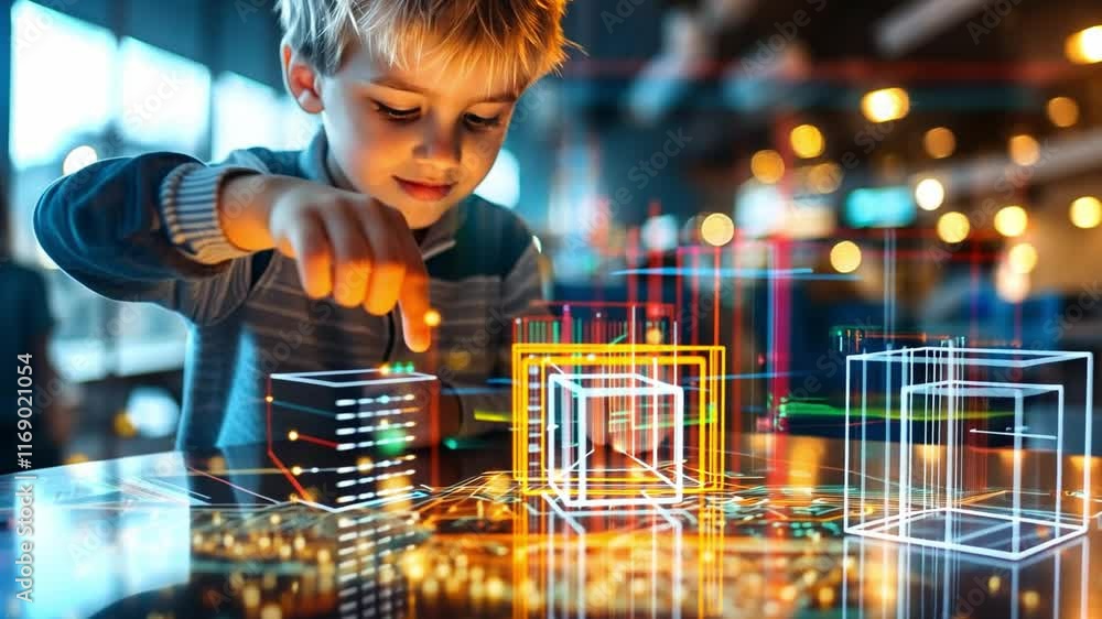 Aufkleber young boy interacts with holographic structures and digital data in a modern learning environment