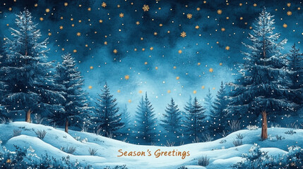 A holiday card with an illustrated winter forest and golden "Season Greetings" text
