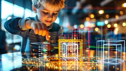 Young boy interacts with holographic structures and digital data in a modern learning environment - Powered by Adobe