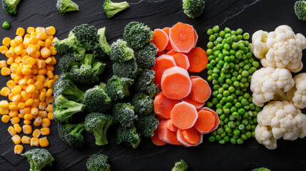 A vibrant arrangement of frozen vegetables including corn, broccoli, carrots, peas, and cauliflower, displayed on a black slate surface for a fresh and healthy look.
