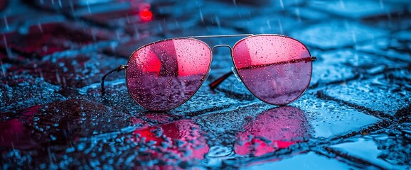 Pink aviator sunglasses on wet pavement during rain.