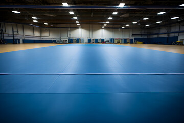 Professional Large Blue Gymnastics Mat in a Well-Lit Spacious Gymnasium - Setting the Scene for Safety and Precision