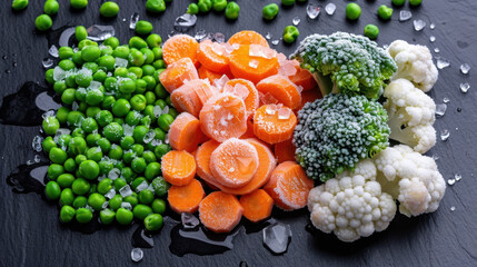 A vibrant selection of frozen vegetables, including peas, carrots, broccoli, and cauliflower, with visible ice crystals on a dark slate surface, emphasizing freshness and texture.

