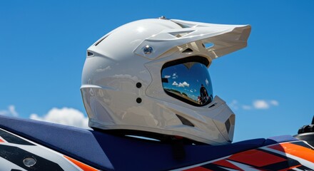 White Motorcycle Helmet Resting On Bike Seat
