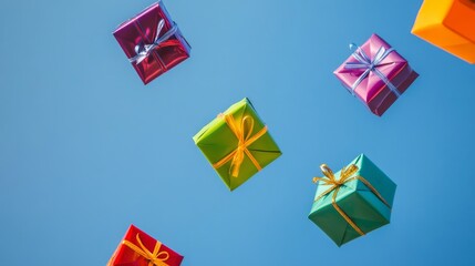 a playful and vibrant image of several small gift boxes wrapped in glossy, multicolored paper, floating against a clear blue sky background