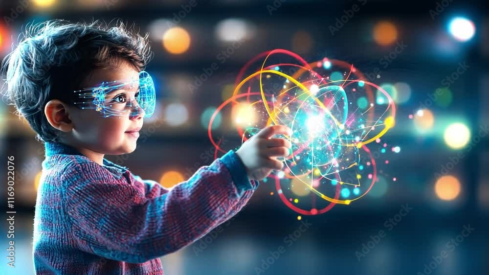 Poster child exploring technology and creativity with glowing particles in an imaginative setting