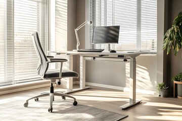 Modern remote work setup featuring a minimalist desk, ergonomic chair, and sleek computer in a bright and organized workspace, Creative remote work setup in a cozy home office environment