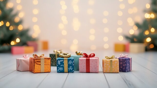 A festive array of colorful small gift boxes arranged in a semi-circle on a light wooden floor.