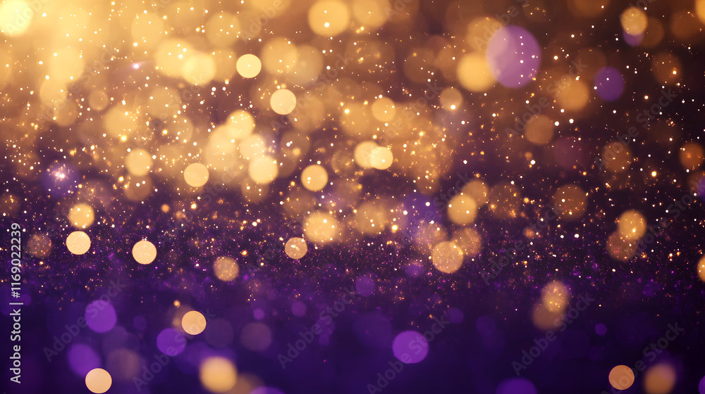 Poster gold and dark violet fireworks and bokeh in new year eve and copy space. abstract background holiday