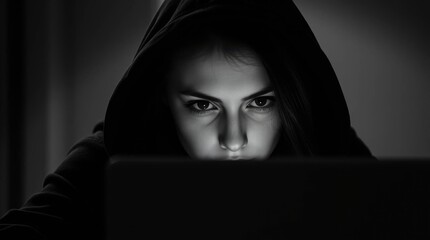 Focused Young Woman in Hoodie Working on Laptop