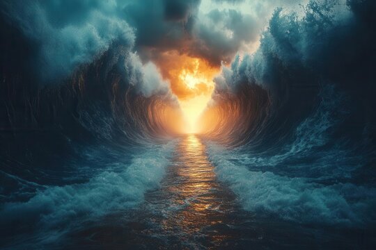 dramatic 3d illustration of the biblical event of moses parting the red sea capturing the awe and grandeur of this momentous occasion with fierce waves and divine light