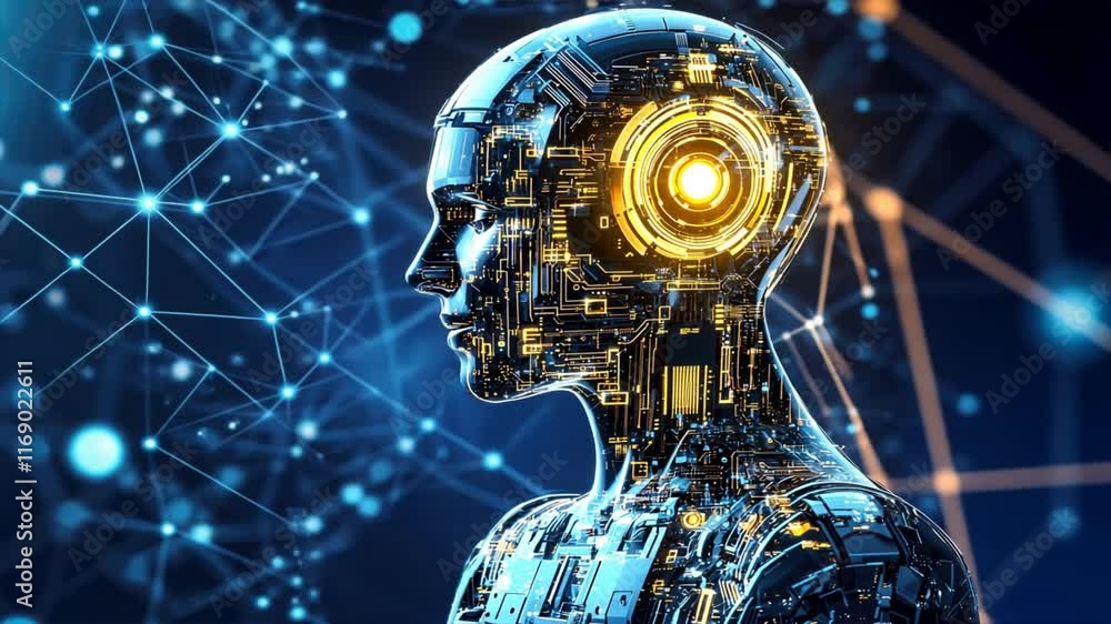 Poster futuristic humanoid robot profile glowing circuits and digital innovation in artificial intelligence