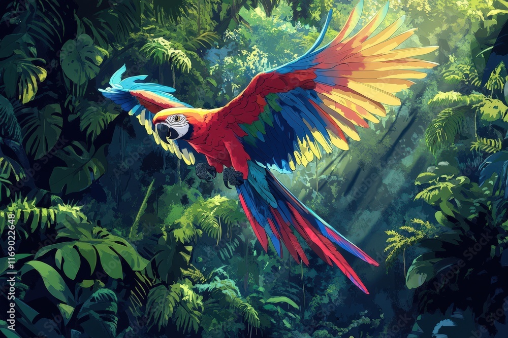 Wall mural Scarlet Macaw in Flight Through Lush Rainforest Canopy