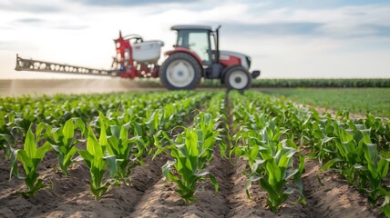 A tractor tending to young corn plants in a thriving field