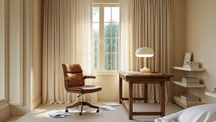 A serene beige bedroom corner with a dedicated reading nook, soft lighting, cozy cushions, calming decor, and a peaceful ambiance perfect for unwinding and relaxation