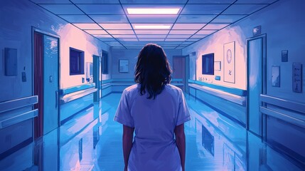 A health worker stands at the end of a corridor, framed by a surreal mix of colors, creating a...