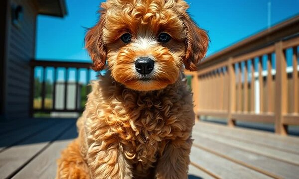 A fluffy, golden-brown puppy sits on a wooden deck, staring at the camera.