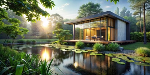 Obraz premium Modern Home Exterior with Serene Pond and Lush Greenery - Stock Photo