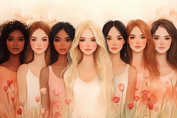 Obraz premium Empowered Women Celebrating International Women's Day in Watercolor