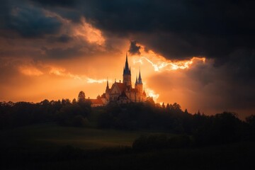 Naklejka premium Dramatic sunset behind majestic castle with towering spires amidst dark clouds
