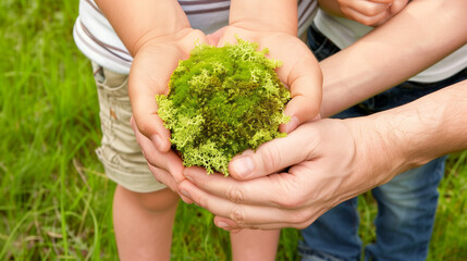 Human Hands Embracing Earth with Moss, Group of People and Children Protecting Environment for Ecology Concept in Park