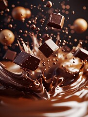 liquid chocolate and bonbons burst explosion splash in the air on background