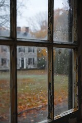 Naklejka premium close-up of wet window with raindrops misty background of old house during rainy day
