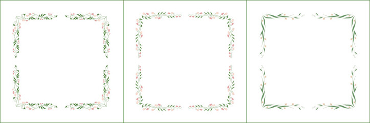Set of three elegant green vegetal ornamental frame with light pink flowers, decorative border. Isolated vector illustration	
