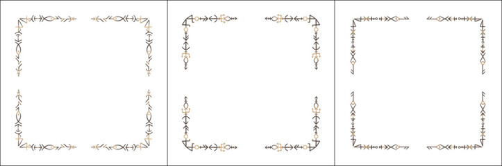 Frame set. Three brown frames with elegant black and white ornamental frame with Viking runes, decorative border, corners. Isolated vector illustration.	