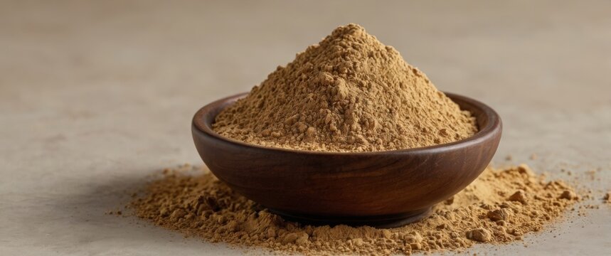 Fine Brown Maca Powder Piled in a Wooden Bowl on a Neutral Background