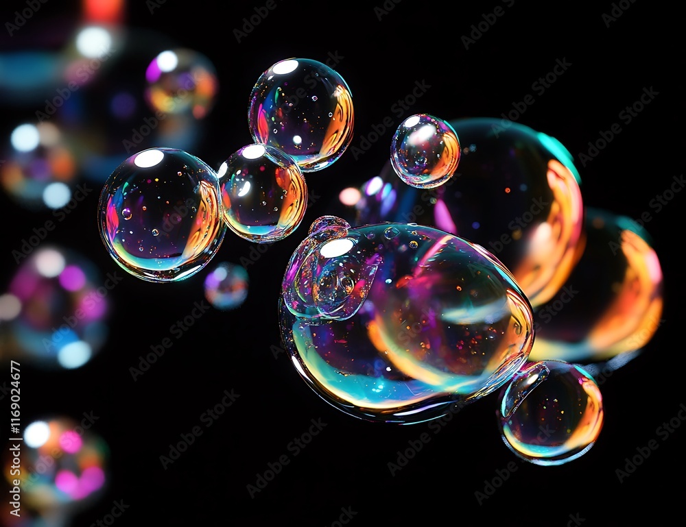 Poster iridescent soap bubbles floating on black background. (1)