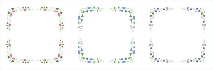 Set of three elegant green vegetal ornamental frame with blue and pink flowers, decorative border. Isolated vector illustration	
