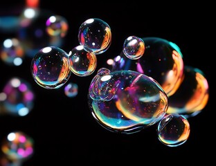 Naklejka premium Iridescent soap bubbles floating on black background. (1)