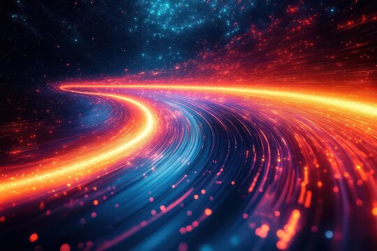 dynamic abstract light trails representing speed and motion with neon colors curving across the frame creating a futuristic and energetic atmosphere reminiscent of virtual reality