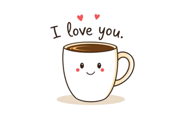 A cup of coffee with cute smiling face and I Love You Text for valentines day couple 