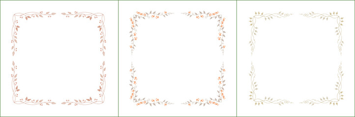 Set of three elegant light brown vegetal ornamental frame with orange flowers, decorative border. Isolated vector illustration	
