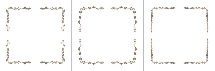 Frame set. Three brown frames with elegant black and white ornamental frame with Viking runes, decorative border, corners. Isolated vector illustration.	
