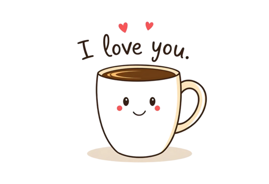A cup of coffee with cute smiling face and I Love You Text for valentines day couple 