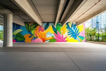 Colorful urban mural under concrete bridge with vibrant tropical leaves