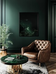 Emerald Green Artwork Adorns Luxurious Leather Chair Setting