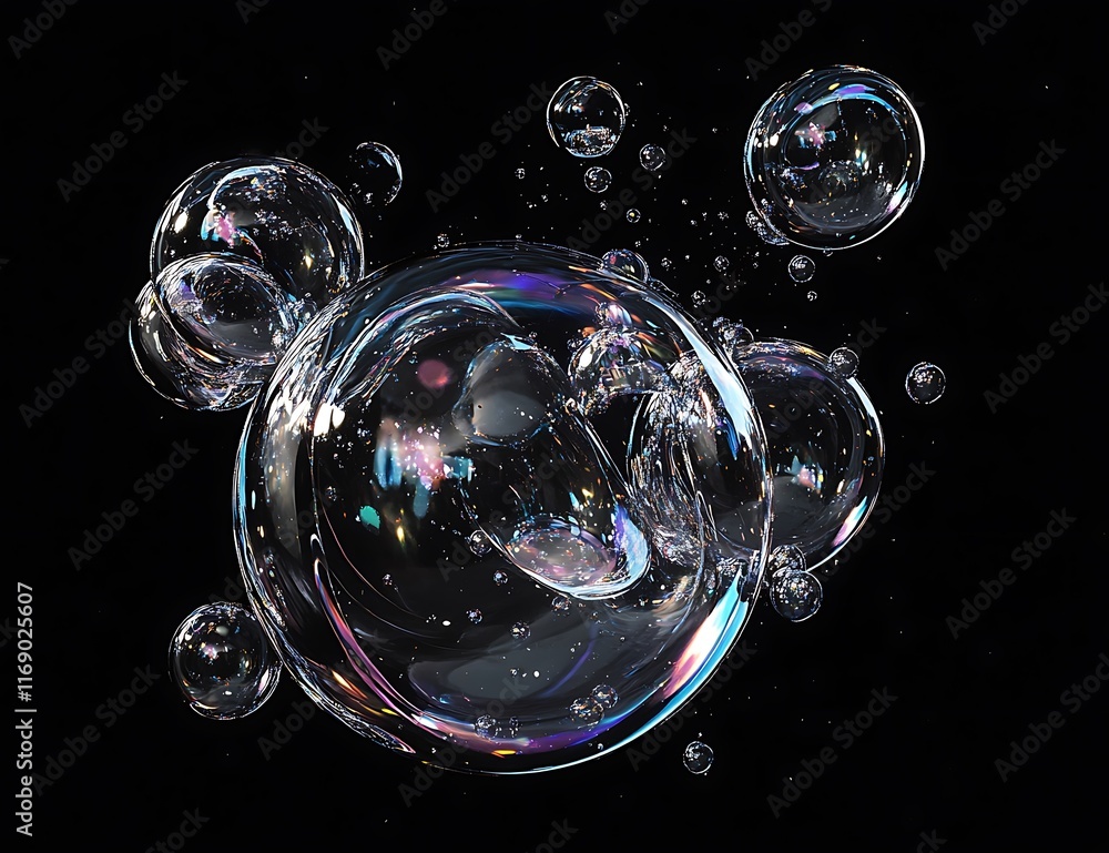 Poster iridescent soap bubbles floating on black background.