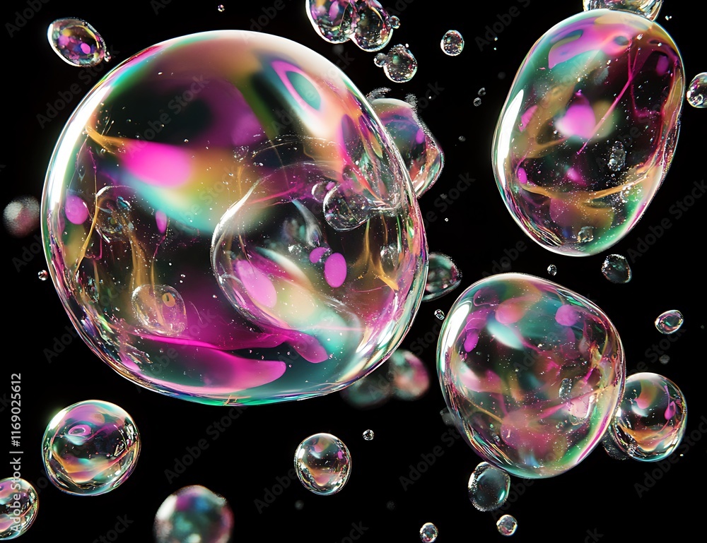 Poster iridescent soap bubbles floating on black background. (3)