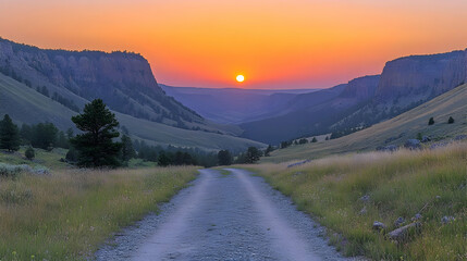 Scenic sunset over a valley with a dirt road.
