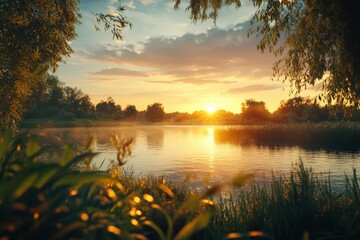 Tranquil sunset over serene lake surrounded by lush trees and gentle reeds