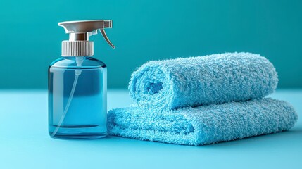 Blue spray bottle and rolled towels on blue background.