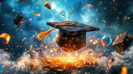 Epic graduation cap floating amidst confetti and balloons in a glowing, celebratory scene